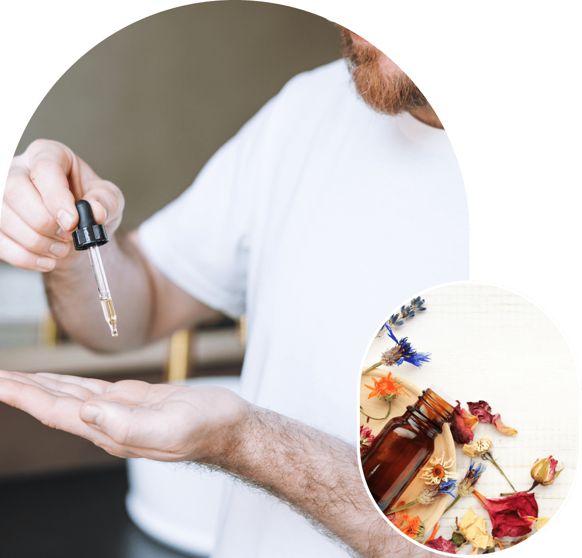 Man applying oil with dropper in hand.