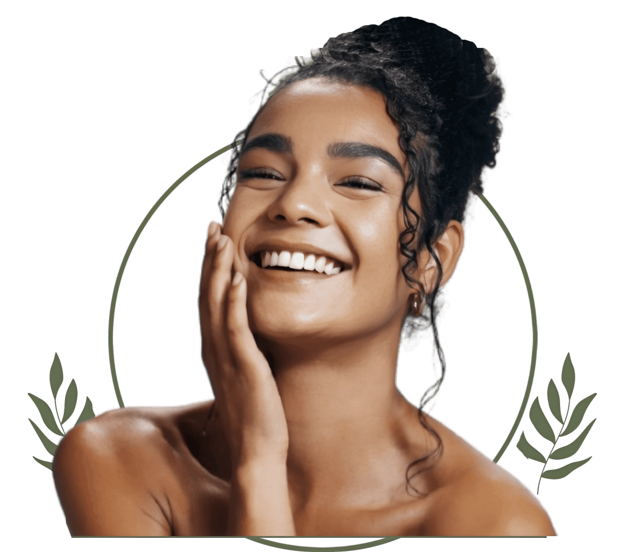 Smiling woman with hand on face.