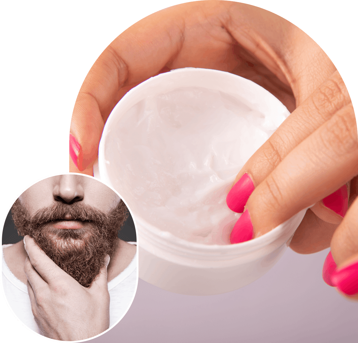 Hand holding beard cream, beard close-up.