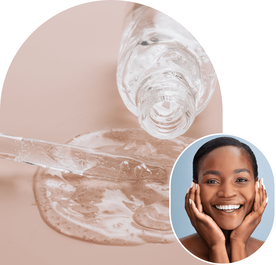 Skincare serum and smiling woman portrait.