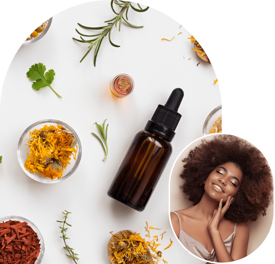 Skincare ingredients with woman enjoying treatment.