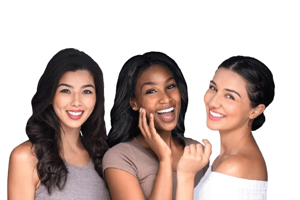 Three women smiling against black background.