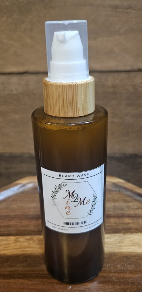 Beard wash bottle with wooden cap.
