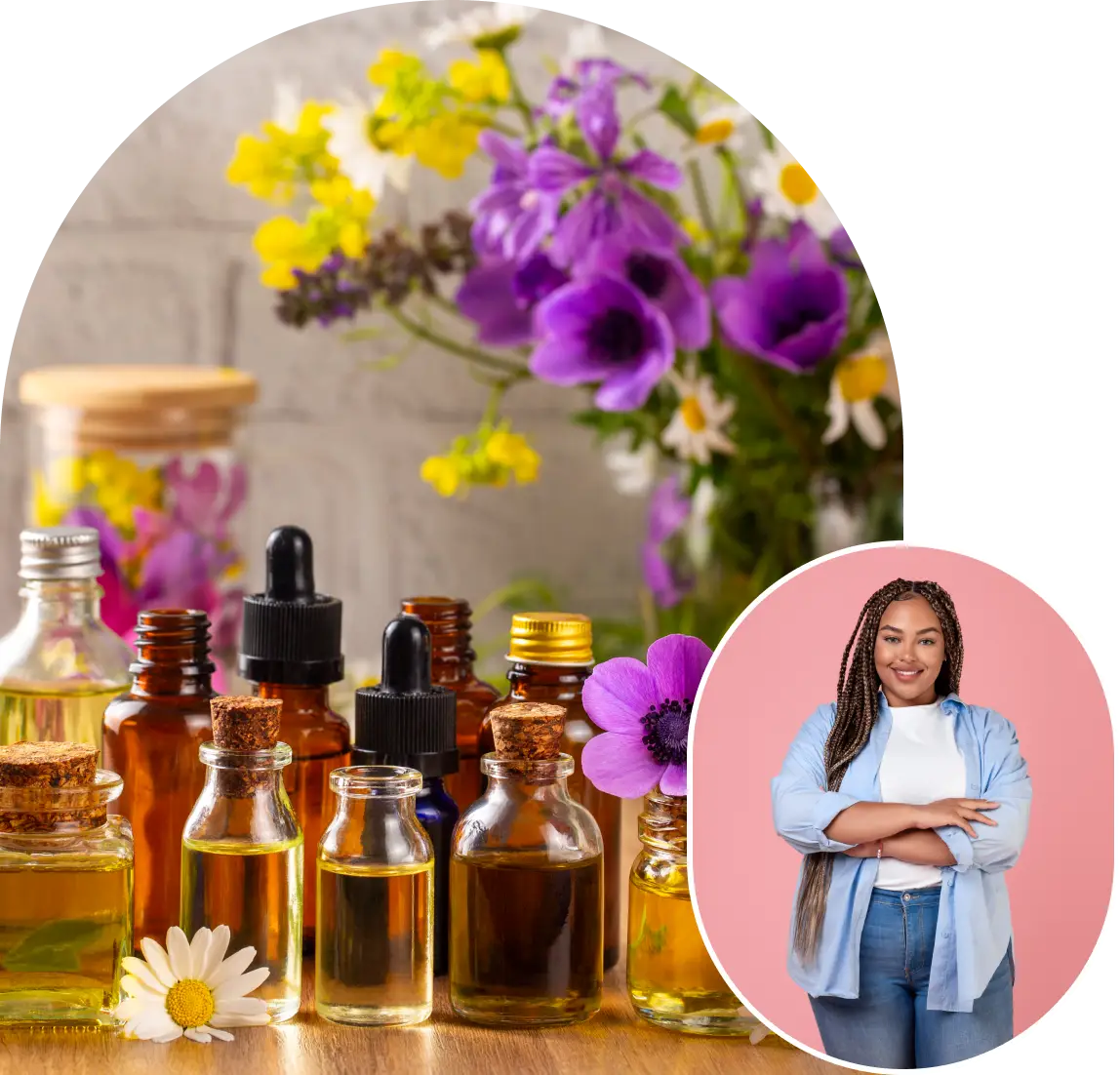 Essential oils and woman with floral backdrop.